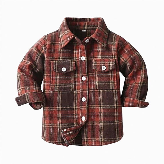 TOWED22 Boys Plaid Flannel Shirts Long Sleeve Casual Button Down Shirts Collared Fall Clothes,Brick Red,18-24 M