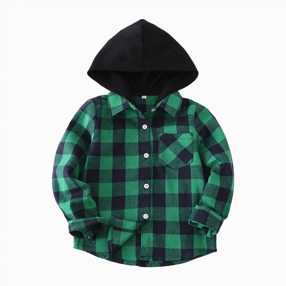TOWED22 Boys Plaid Flannel Shirts Unisex Kids Long Sleeve Casual Button Down Shirt with Hood,Green,12-18 M