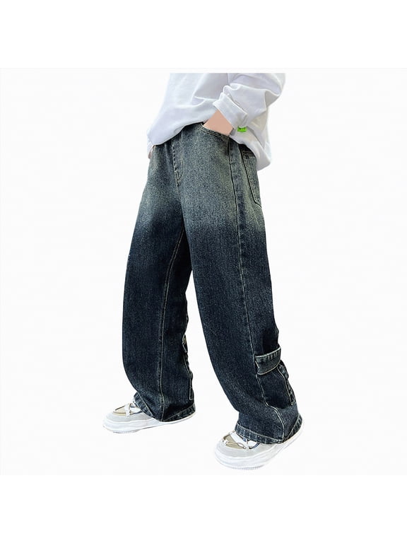 Boys Pull On Cargo Jeans Elastic Waist Baggy Denim Pants Big Kid Teen Boys Wide Leg Barrel Jeans 6-14 Years(Dark Blue,9-10 Y)