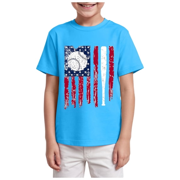 TOWED22 Boys Short Sleeve T-Shirts Crew Neck Tees Classic Stripes Color Block Patterns Summer Tops(Sky Blue,2-3 Y)