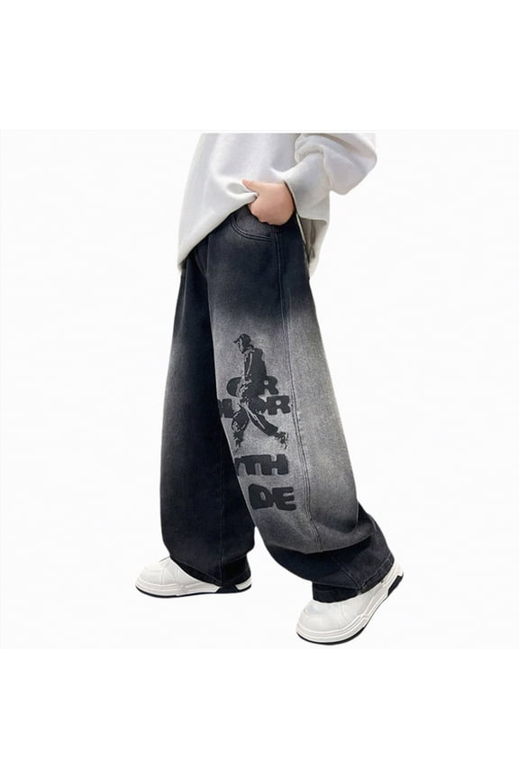 Boys Straight Leg Baggy Jeans Kids Elastic Waist Drawstring Wide Leg Denim Pants with Pockets 5-14 Years(Black,10-11 Y)