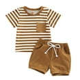 thumbnail image 1 of TOWED22 Boys Summer 2pcs Clothes Set Short Sleeve Stripe T-Shirt Tee and Drawstring Shorts Outfit(Brown,2-3 Y), 1 of 4