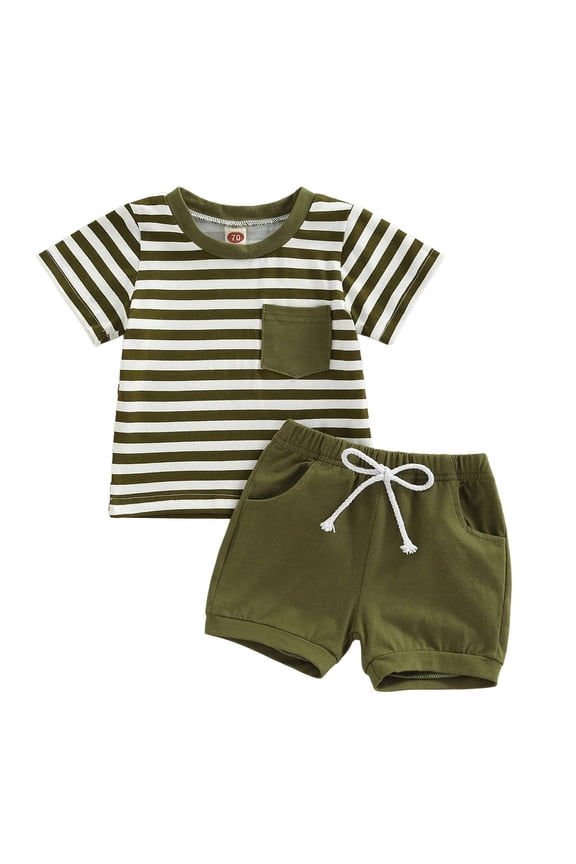 Boys Summer 2pcs Clothes Set Short Sleeve Stripe T-Shirt Tee and Drawstring Shorts Outfit(Green,18-24 M)