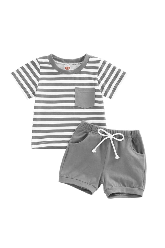 Boys Summer 2pcs Clothes Set Short Sleeve Stripe T-Shirt Tee and Drawstring Shorts Outfit(Grey,12-18 M)