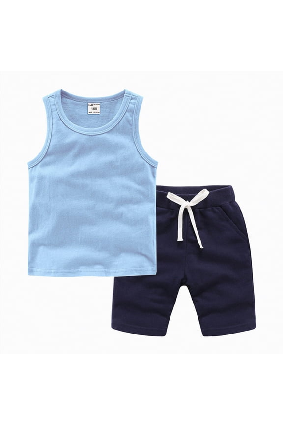 Boys Summer Outfits 2Pcs Clothing Set Graphic Print Sleeveless Tank Top and Casual Shorts 4-10 Years Light Blue,2-3 Y