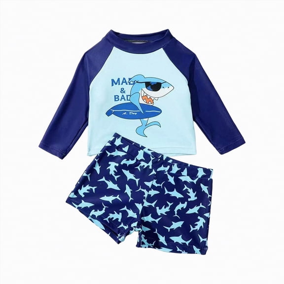 TOWED22 Boys Swimsuit Rash Guard and Swim Trunks Set Boys Swimwear Dinosaur Long Sleeve Swimming Suits Boys Bathing Suit Blue,4-5 Y