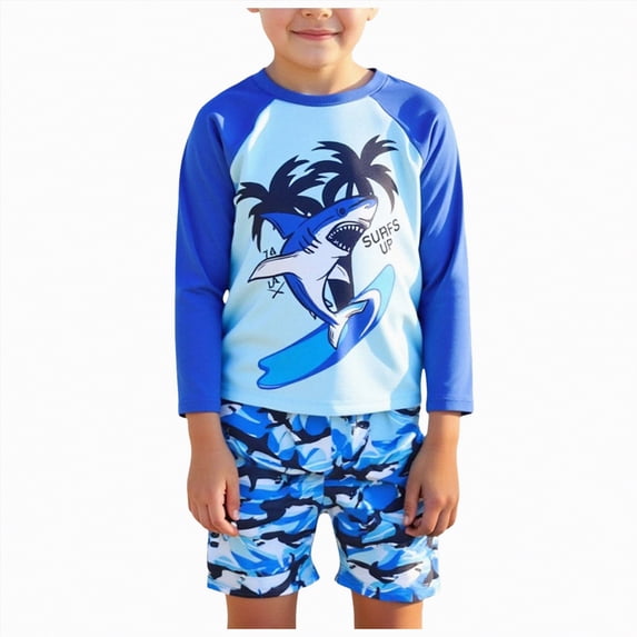 TOWED22 Boys Two Piece Rash Guard Swimsuits Kids Long Sleeve Printed Swimwear Sets Quick Dry Bathing Suit Boys 4-12 Years Sky Blue,7 Y