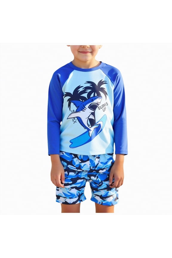 Boys Two Piece Rash Guard Swimsuits Kids Long Sleeve Printed Swimwear Sets Quick Dry Bathing Suit Boys 4-12 Years Sky Blue,7 Y