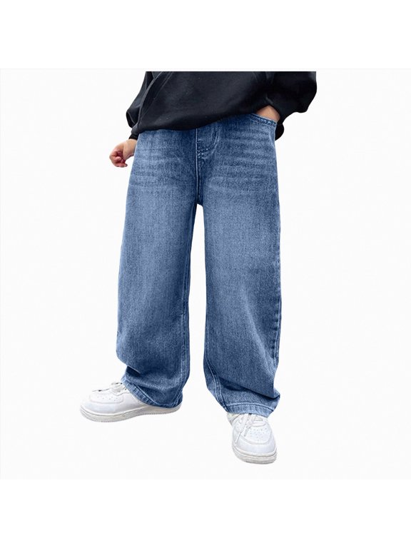 Toddler Boys' Cargo Jeans Streetwear Style Loose Straight Leg Washed Elastic Waist Denim Pants(Light Blue,12-13 Y)
