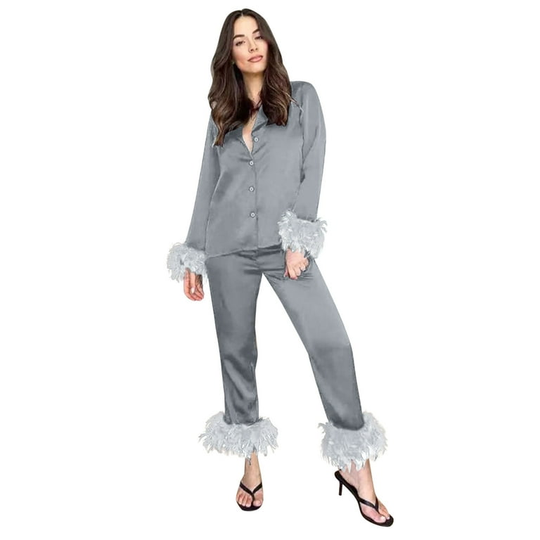 Women Satin Silk Pajamas Set Long Sleeve Nightwear Feather Trim