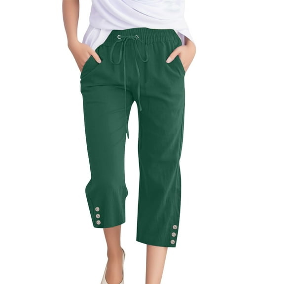 TOWED22 Linen Pants Women Linen Capri Pants Lightweight Summer Pants for Women Drawstring High Waist Pants Wide Leg Cropped Trousers(Green,XXL)