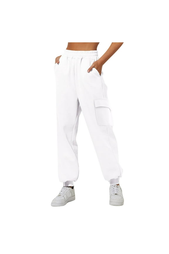 Cargo Pants for Women High Waisted Casual Pants Baggy Stretchy Wide Leg Trouser Y2k Streetwear with Pockets(White,S)
