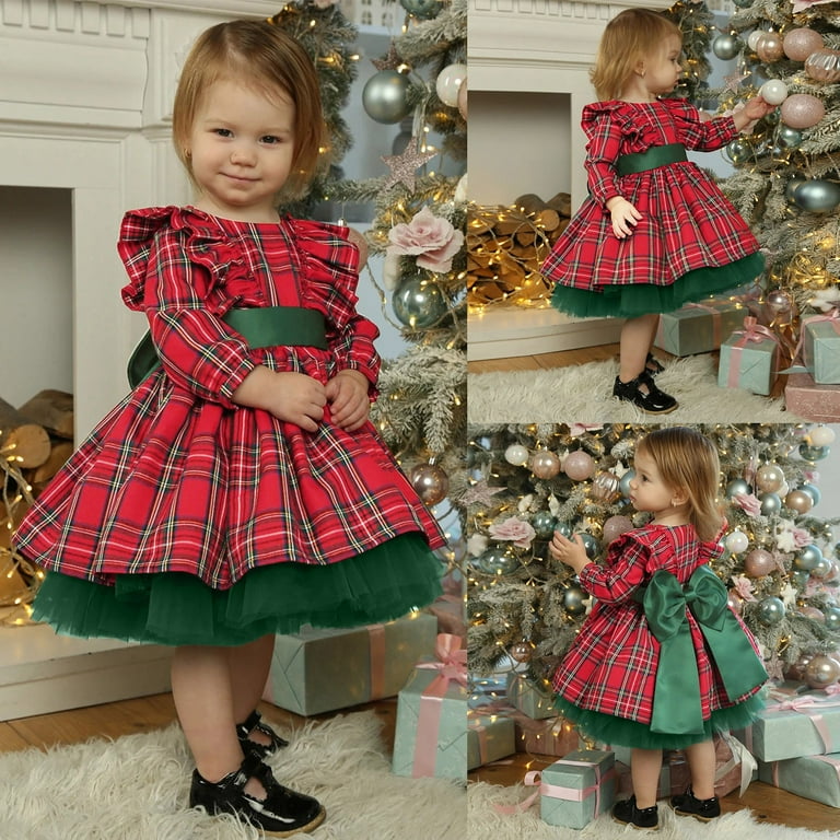 TOWED22 Christmas Dress For Girls,Girls Green Christmas Ruffle Layer  Vintage Dresses Boutique Kid Long Sleeve Party Elegant Dots Clothing,Red