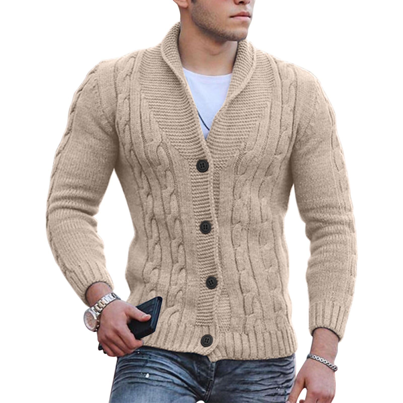 NWT Voboom Cardigan Mens Medium Shawl Collar Sweater hot Heavy Knit Tan Brown Button