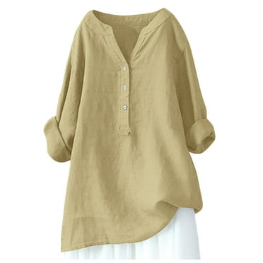 TOWED22 Cotton Linen Shirts for Women Buttons Loose V Neck Tops Womens Daily t Shirts Summer Shirts for Women（Khaki,XL）