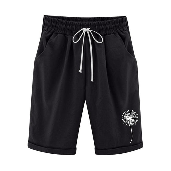 TOWED22 Cotton Linen Shorts for Women Casual Elastic Waist Drawstring Summer Plus Size Knee Length Shorts with Pockets(Black,XXL)
