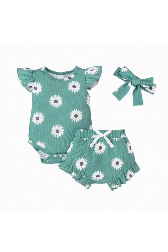 Cute Baby Girl Clothing Outfits Short Sleeve Romper Bodysuit Jumpsuit Shorts Set 3Pcs Summer Playwear Green,9-12 M