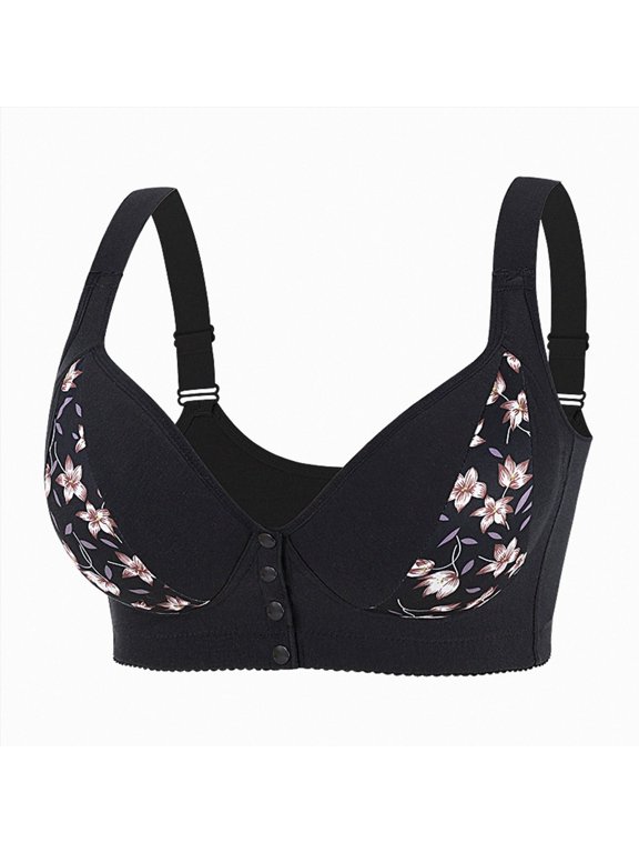 Daisy Bras for Older Women, Snap Front Bra,Everyday Sleep Bras,Convenient Front Close Button for Women No Wire(Black,46D)