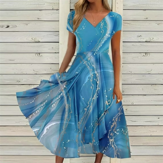 TOWED22 Dresses For Women 2023,Cold Shoulder Dress for Women Summer Crew-Neck Short Sleeve Casual Going Out Dress Smocked Tiered Ruffle Dresses Sky Blue,XXL