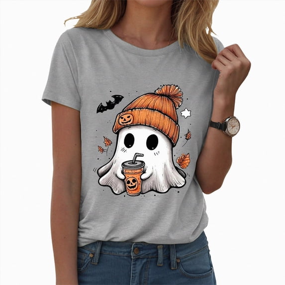 TOWED22 Fall Shirts for Women Cute Ghost with Coffee Pumpkin Graphic Casual Halloween Tee Autumn Thanksgiving Tops(Light Gray,3XL)