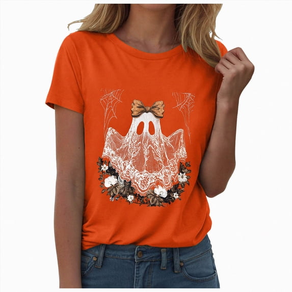 TOWED22 Fall Shirts for Women Halloween Bow Ghost Flower Graphic Tees Spooky Season Tops Cute Autumn Halloween T-Shirt(Orange,3XL)