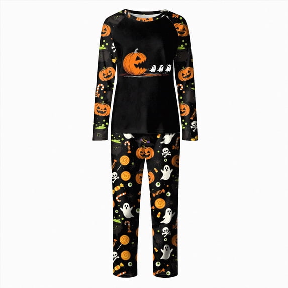 TOWED22 Women‘s Halloween Pumpkin Print Pajama Set, Long Sleeve Crew Neck Sleepwear with Pants, Cozy Matching Family Holiday Outfit,S