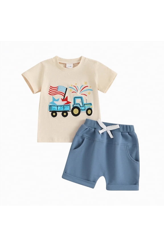 Fourth Of July Toddler Boy Outfit Baby American Flag Clothes Patriotic Shirt Striped Gingham Shorts 2Pcs Summer Sets(Blue,18-24 M)