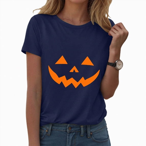 TOWED22 Funny Halloween T Shirts for Women Graphic Tees Vintage Cute Print Tee Holiday Tops(Navy,S)