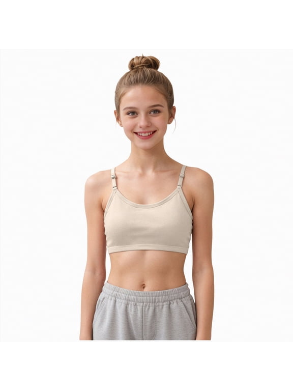Girl Dance Bra Seamless Girls Nude Bra with Adjustable Replace Clear Straps Silicone Pads(Beige,12-14 Y)