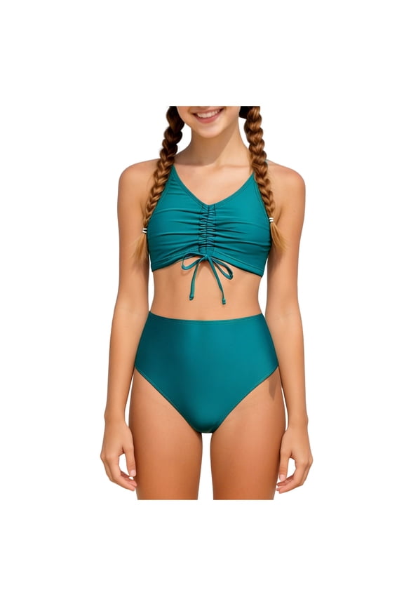 Cute Swimsuits for Teen Girls Bikini 2 Pieces Adjustable Strap Bathing Suits Ruffled Swimwear(Blue,5-6 Y)