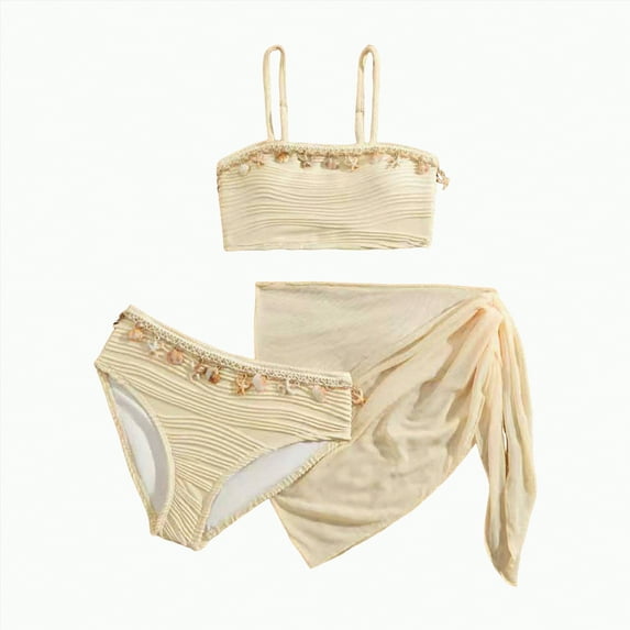 TOWED22 Girl's 3 Piece Bikini Set Cross Strap Swimsuits for Girls Bathing Suit with Shorts Teen Swimwear Swimming Suit(Beige,12-13 Y)