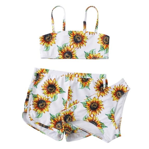 TOWED22 Girl's 3 Piece Bikini Swimsuits Printed Bathing Suit Adjustable Shoulder Straps with Cover Up Yellow,10-11 Y