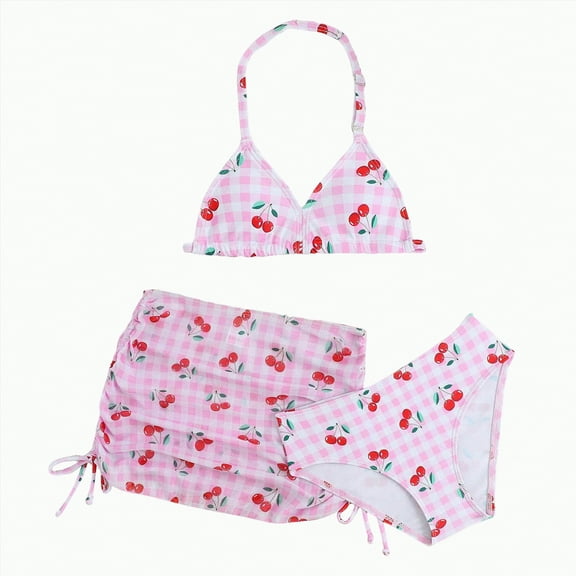 TOWED22 Girl's 3 Piece Swimsuit Sets Spaghetti Strap Bikini Swimsuit with Beach Skirt(Pink,7-8 Y)