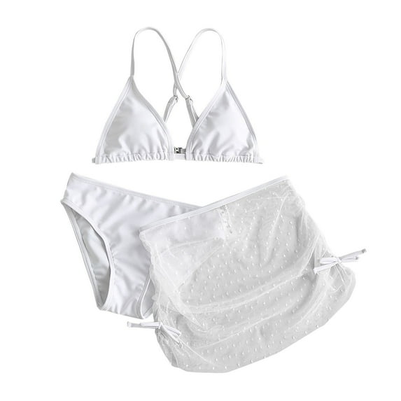 TOWED22 Girl's 3 Piece Swimsuits with Cover Up Skirt Halter Triangle Bathing Suits Bikini Set White,8-10 Y