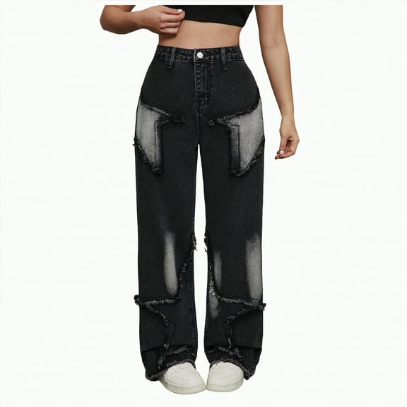 TOWED22 Girl's Baggy Jeans Denim Ripped High Waisted Butterfly Graphic Print Straight Wide Leg Cargo Joggers Pants(Black,14-15 Y)