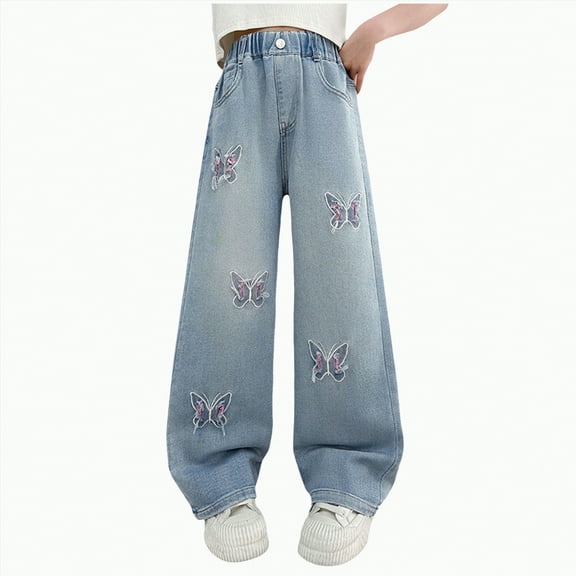TOWED22 Girl's Baggy Jeans Denim Ripped High Waisted Butterfly Graphic Print Straight Wide Leg Cargo Joggers Pants(Blue,5-6 Y)