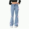 thumbnail image 1 of TOWED22 Girl's Bow Print Back Zipper Fly Elastic High Waist Denim Pants Basic Wide Leg Jeans(Blue,10-11 Y), 1 of 8