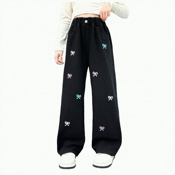 TOWED22 Girl's Butterfly Print Asymmetric Waist Ripped Jeans Wide Leg Y2k Denim Pants(Black,4-5 Y)