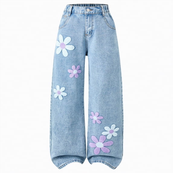 TOWED22 Girl's Butterfly Print Elastic Waist Wide Leg Ripped Jeans Denim Pants Light Blue,7-8 Y