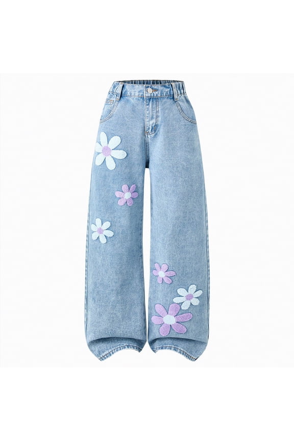Girl's Butterfly Print Elastic Waist Wide Leg Ripped Jeans Denim Pants Light Blue,7-8 Y