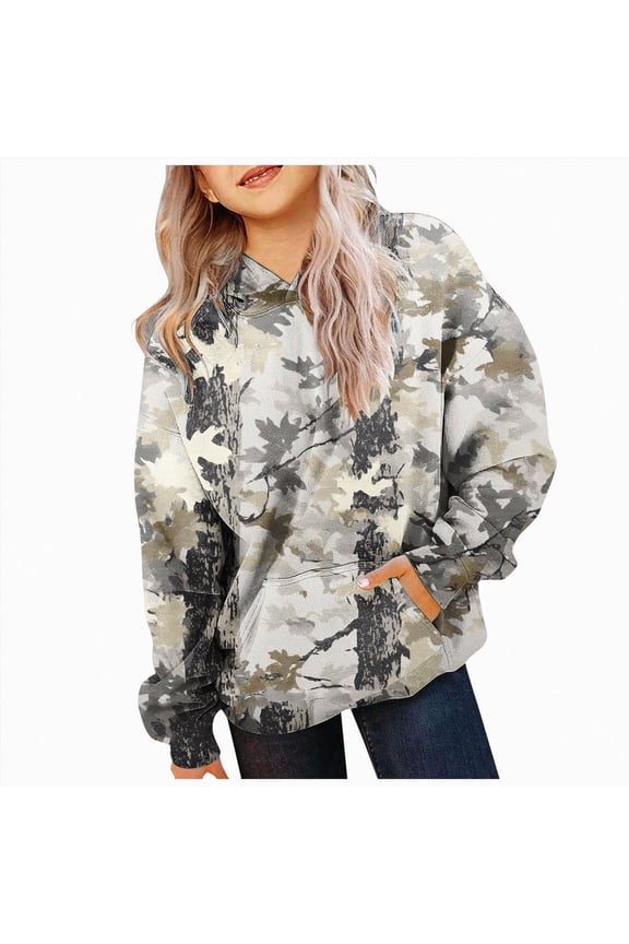 Girl's Camo Leaf Graphic Hoodies Long Sleeve Hooded Sweatshirts Fall Pullover with Pocket,Grey,150