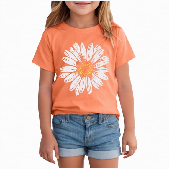 TOWED22 Girl's Cartoon Graphic Tees Short Sleeve Crewneck Oversized Preppy T Shirt Cute Summer Tops(Orange,9-10 Y)
