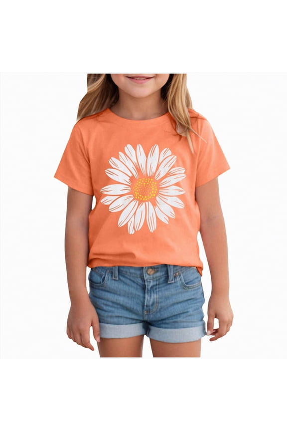 Girl's Cartoon Graphic Tees Short Sleeve Crewneck Oversized Preppy T Shirt Cute Summer Tops(Orange,9-10 Y)