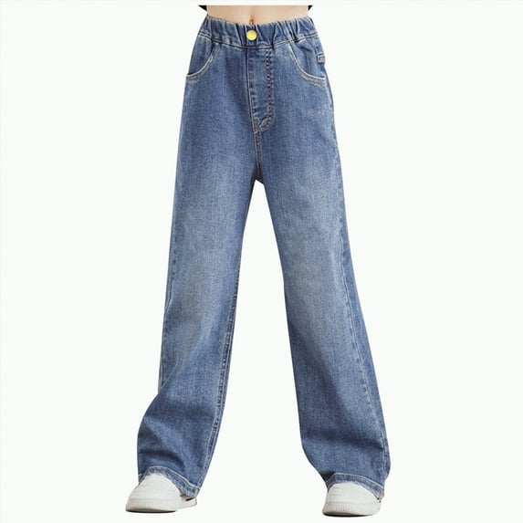 TOWED22 Girl's Denim Pants High Waisted Straight Leg Jeans with Pockets(Blue,2-3 Y)