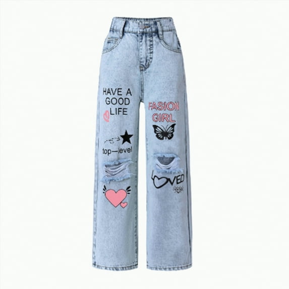 TOWED22 Girl's Denim Pants High Waisted Straight Leg Jeans with Pockets(Light Blue,140)