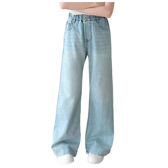TOWED22 Girl's Elastic Drawstring Waist Wide Leg Jeans Y2K Baggy Jeans Loose Denim Pants with Pockets(Z12-Blue,12-13 Y)
