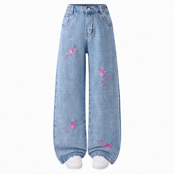 TOWED22 Girl’s Elastic Waist Jeans Straight Leg Demin Pants Casual Stretch Long Pants with Pockets Light Blue,12-14 Y