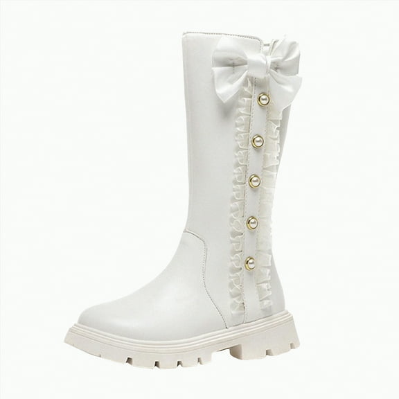 TOWED22 Girl's Knee High Winter Boots Bowknot Warm Snow Boots Low Heels Boot with Side Zipper Toddler Big Kid Little Kid(White,12)