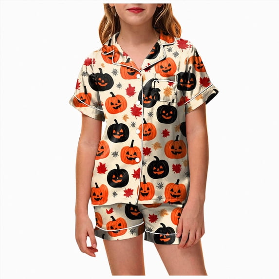TOWED22 Girl's Lounge Sets Ghost Pumpkin Short Pajamas Set Halloween Loungewear Two-Piece Holiday Outfits,10-11 Y