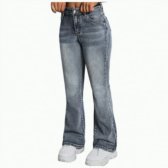 TOWED22 Girl's Ripped Flare Bell Bottom Jeans High Waist Denim Pants with Pockets(Grey,11-12 Y)